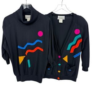 Vtg 80s Peter Popovitch Geometric Patch Turtleneck Top & Cardigan Set Size Small
